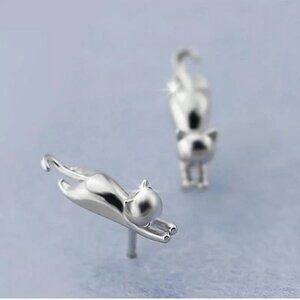 Sterling Silver 925 Cat Stud Earrings